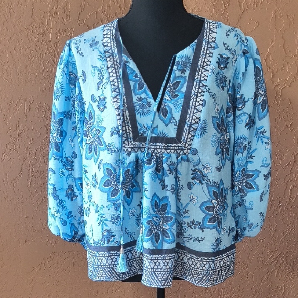 Nanette Lepore Women's Blue Floral Bohemian Blouse Size Large